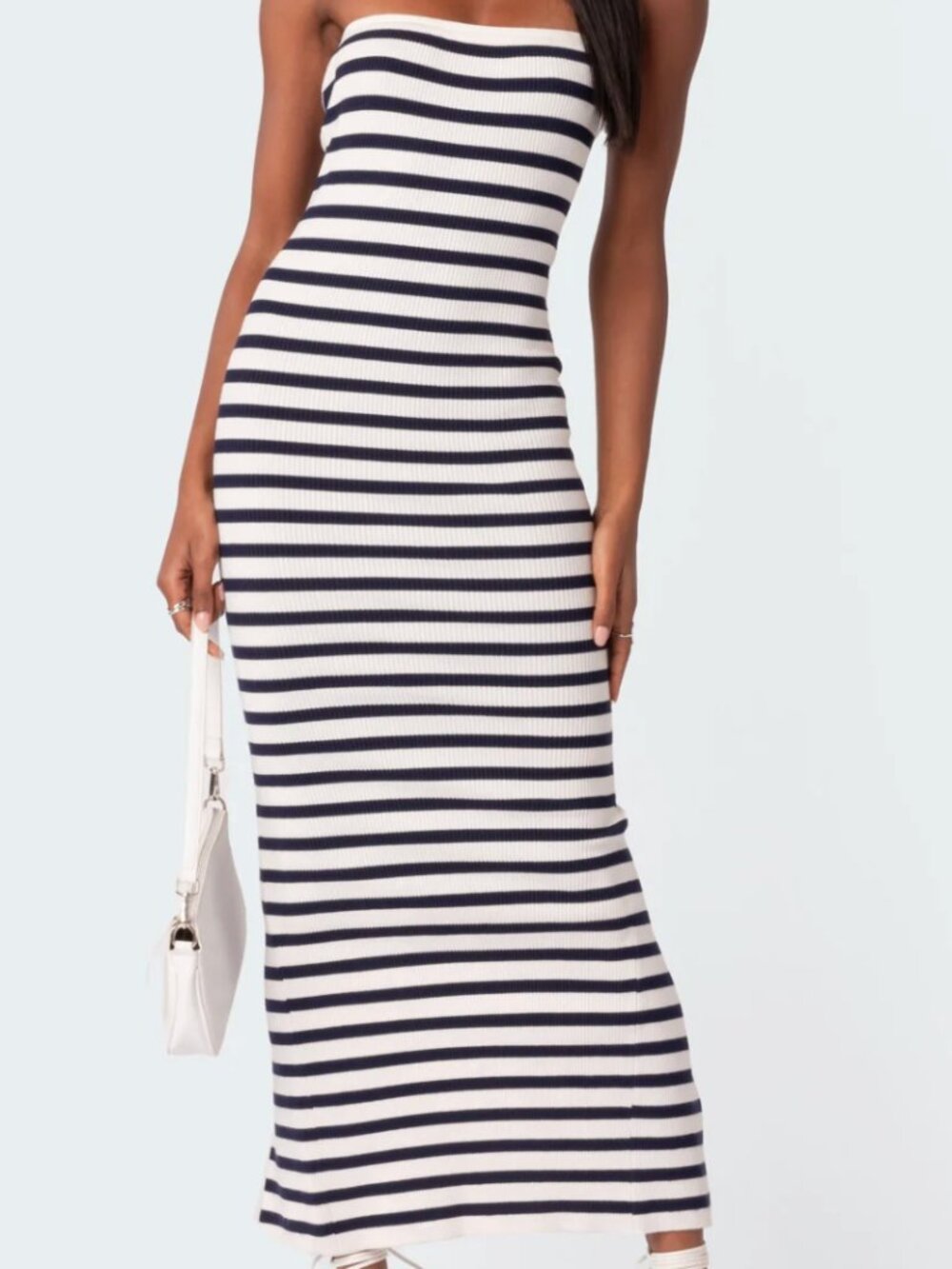 Edikted Knit Back Slitted Strapless Maxi Dress in Navy White, Size S NWT